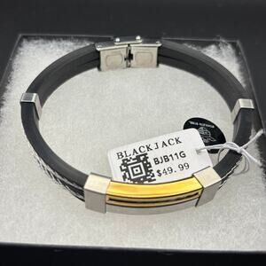 Blackjack BJB11G Mens Black Silicone Gold Stainless Steel Wire Bangle Bracelet